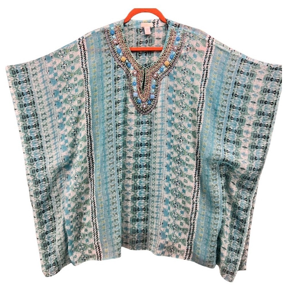 Chicos Beaded Kaftan Top Green‎ Large or XL